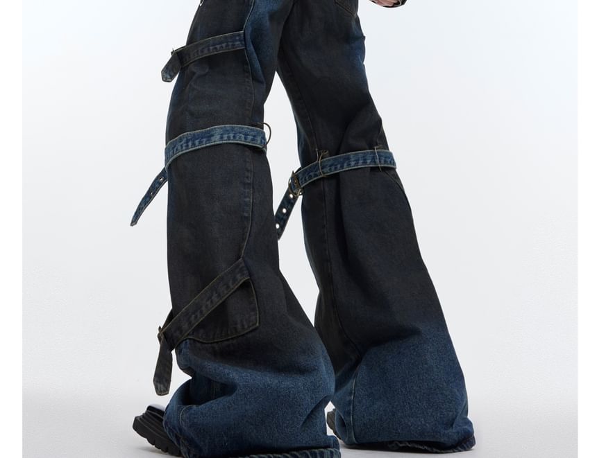 kooklay - Mid Rise Washed Belted Wide Leg Jeans