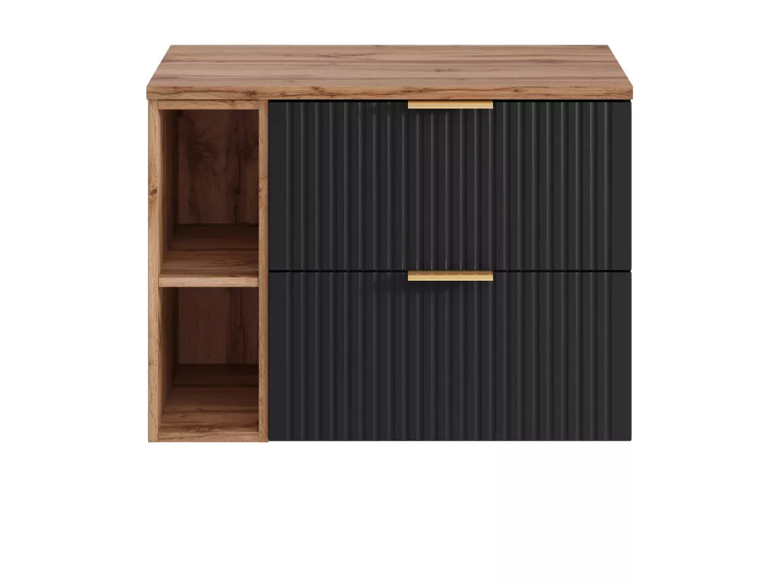Meuble sous vasque suspendu strié avec niches - Noir et naturel clair - L80 cm - ZEVARA