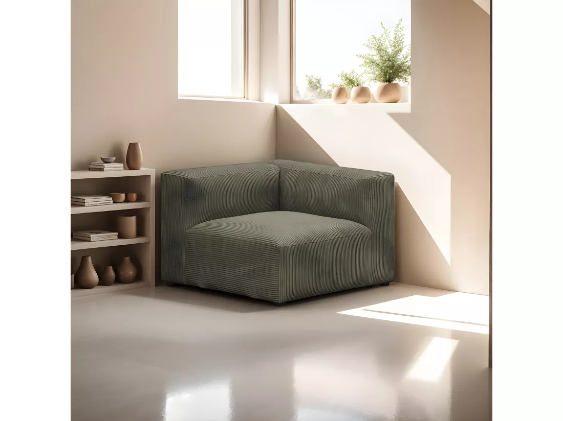 Chauffeuse d'angle à droite modulable en velours côtelé vert kaki - Modulo
