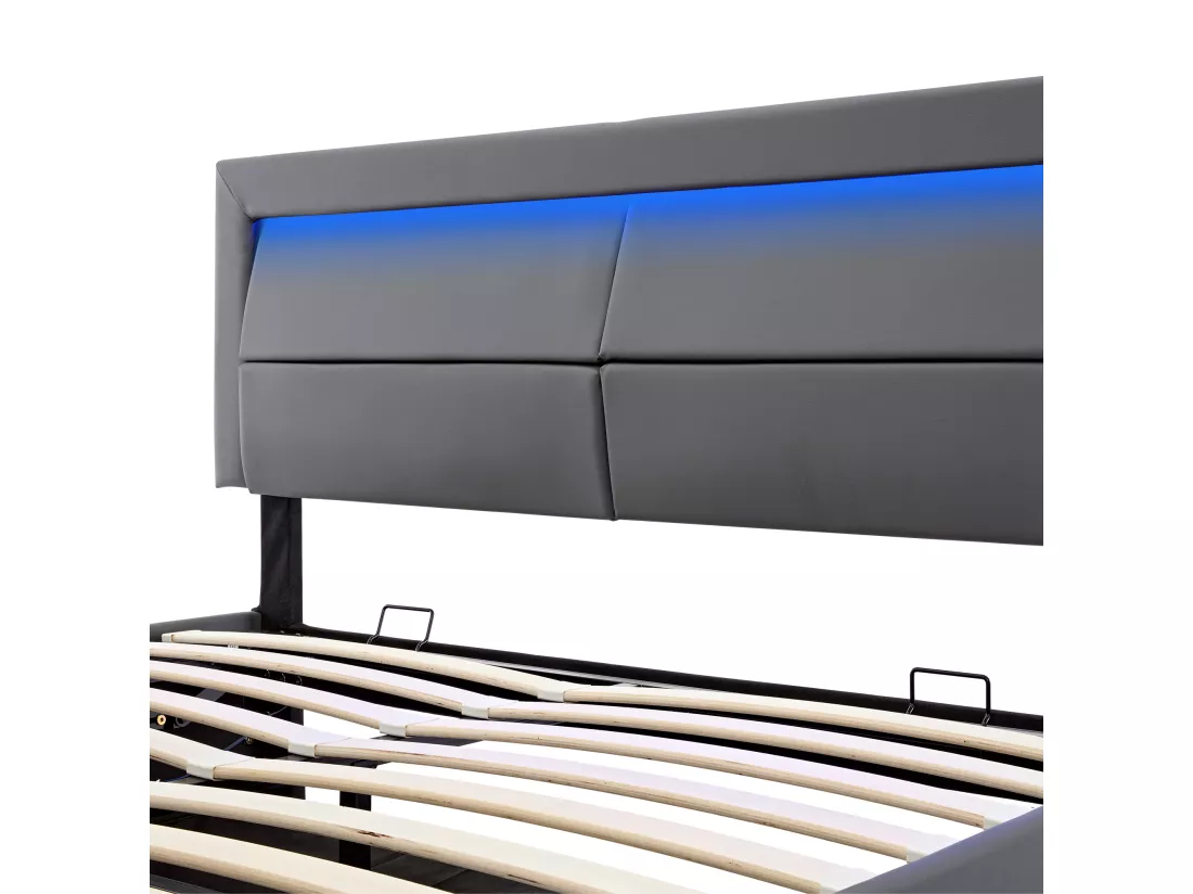 Lit coffre 160x200 cm en similicuir avec LED - avec ports de recharge (filaire & sans fil) - Gris