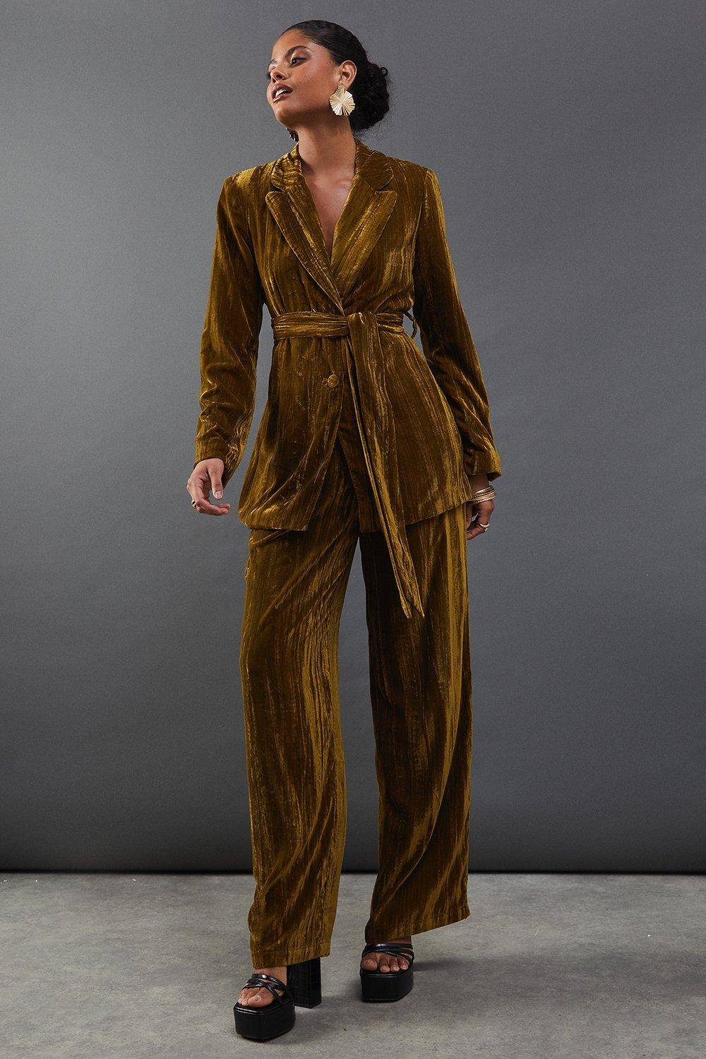 Warehouse Pantalon Tailleur Taille Haute en Velours Froissé