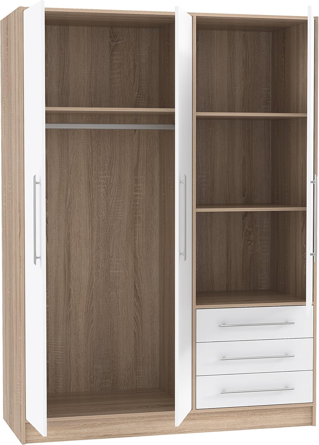 FORTE Jupiter Schrank 140 150, Kleiderschrank, Drehtürenschrank, 3-türig, mit 3 Schubladen und Einlegeböden, Weiß mit Holz Dekor: Sonoma Eiche, 145 cm breit x 60 cm tief x 200 cm hoch