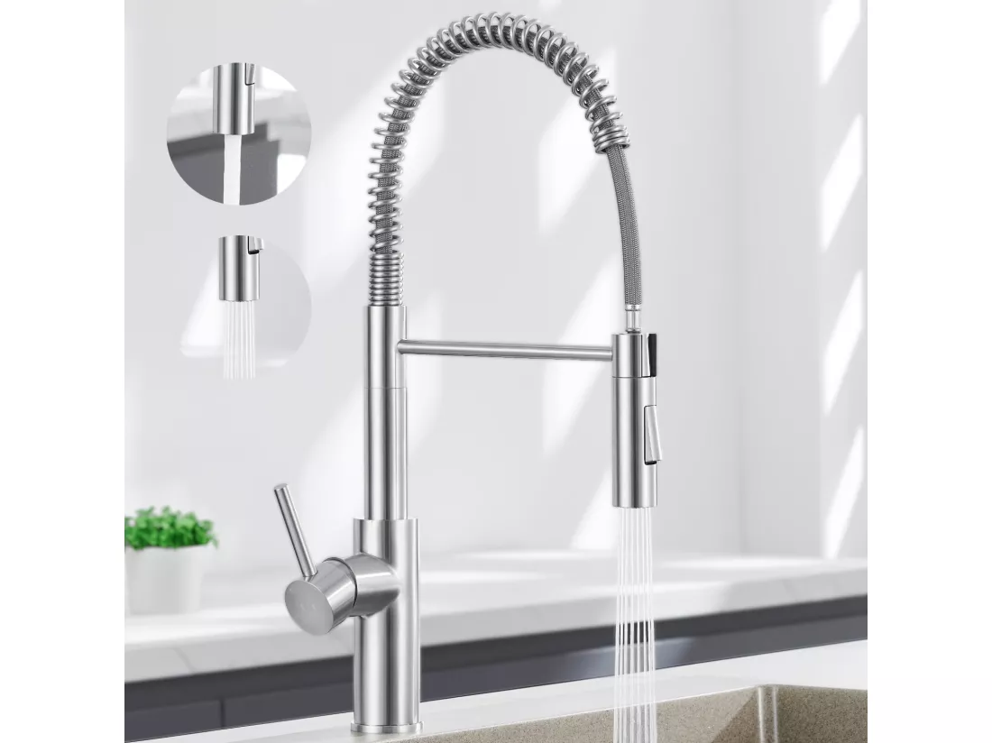 2PCS Mitigeur Cuisine à Ressort avec 2 Modes de Sortie D'eau Mitigeur de Evier avec Douchette Extractible Robinet Cuisine Pivotant à 360° Brossé