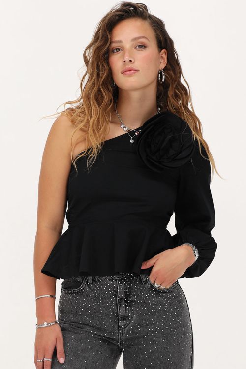 Zwarte one-shoulder top met bloem