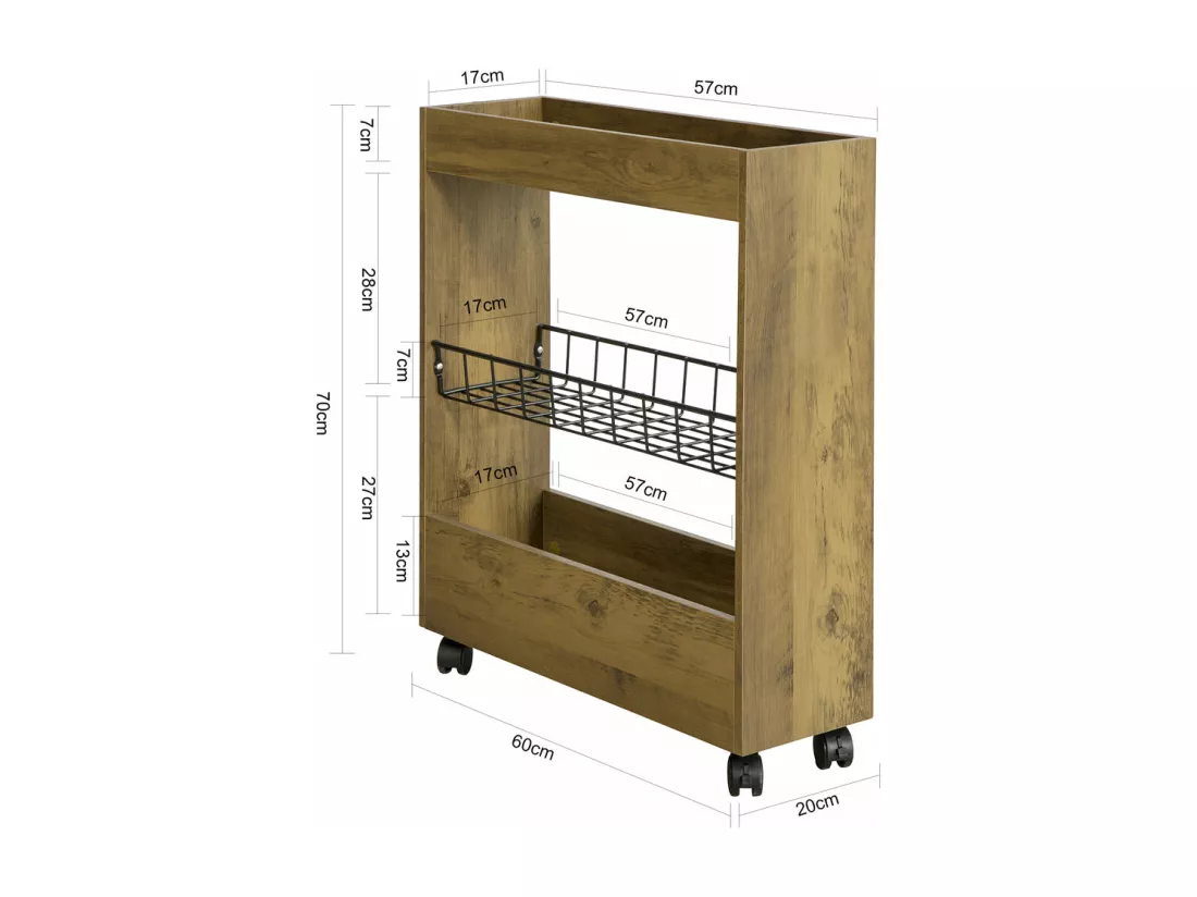 Chariot de Rangement Mobile sur 3 Niveaux Étagère de Niche à Roulettes en Bois et métal, BZR46-N