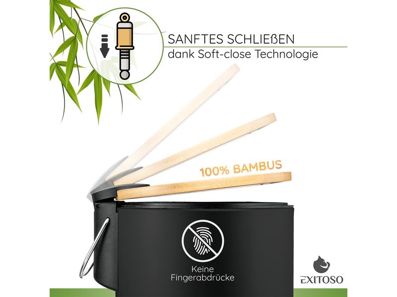 Exitoso Tretmülleimer mit Softclose-Deckel 3 l, Schwarz Abfalleimer aus Bambus