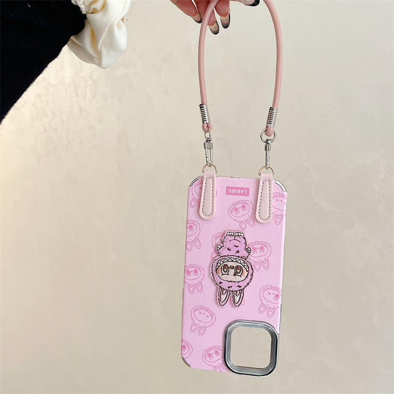 iPhone 15 Leder Hardcase Hülle mit Handschlaufe Monsterhäschen - Rosa