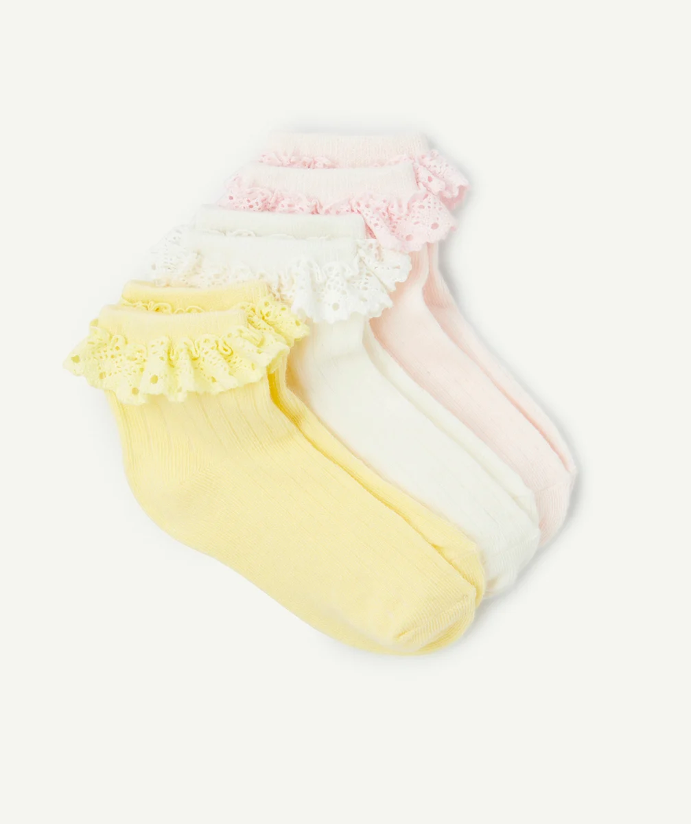 lot de 3 paires de socquettes fille rose et jaune avec volants brodés