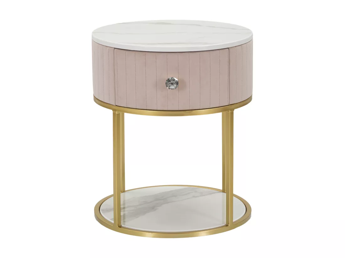 Table de chevet Montpellier, ronde en métal doré et simili-marbre, Ø 42x48 cm, plateau rembourré rose, design élégant et fonctionnel.