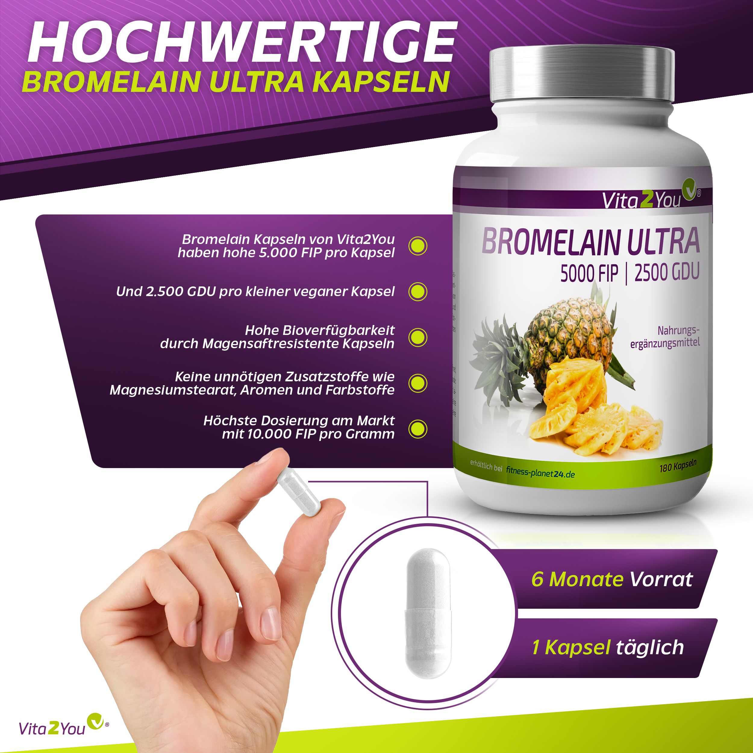 Vita2You Bromelain 5000FIP Kapseln