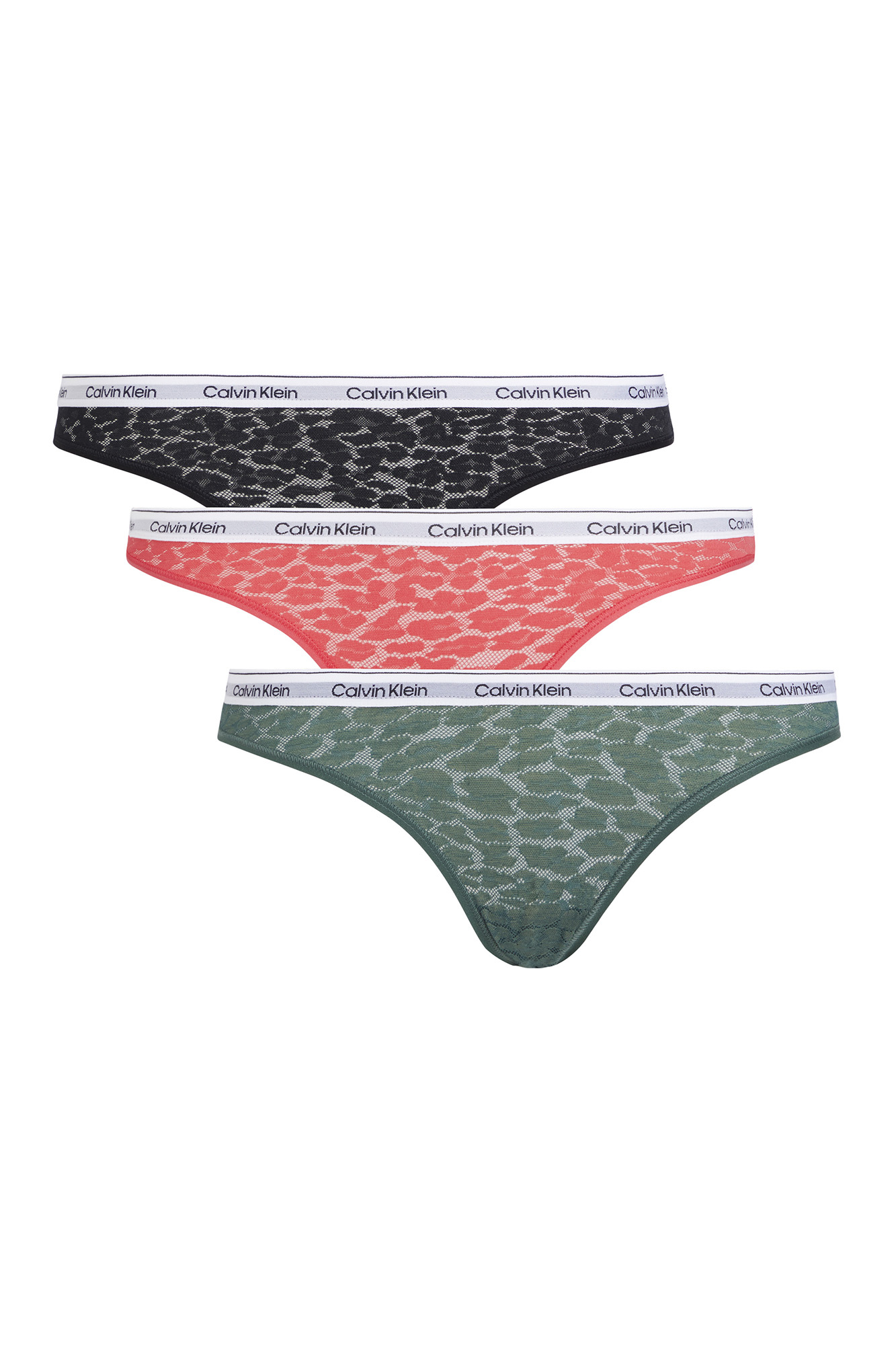 Pacote com 3 calcinhas clássicas com logo moderno e detalhes em renda.