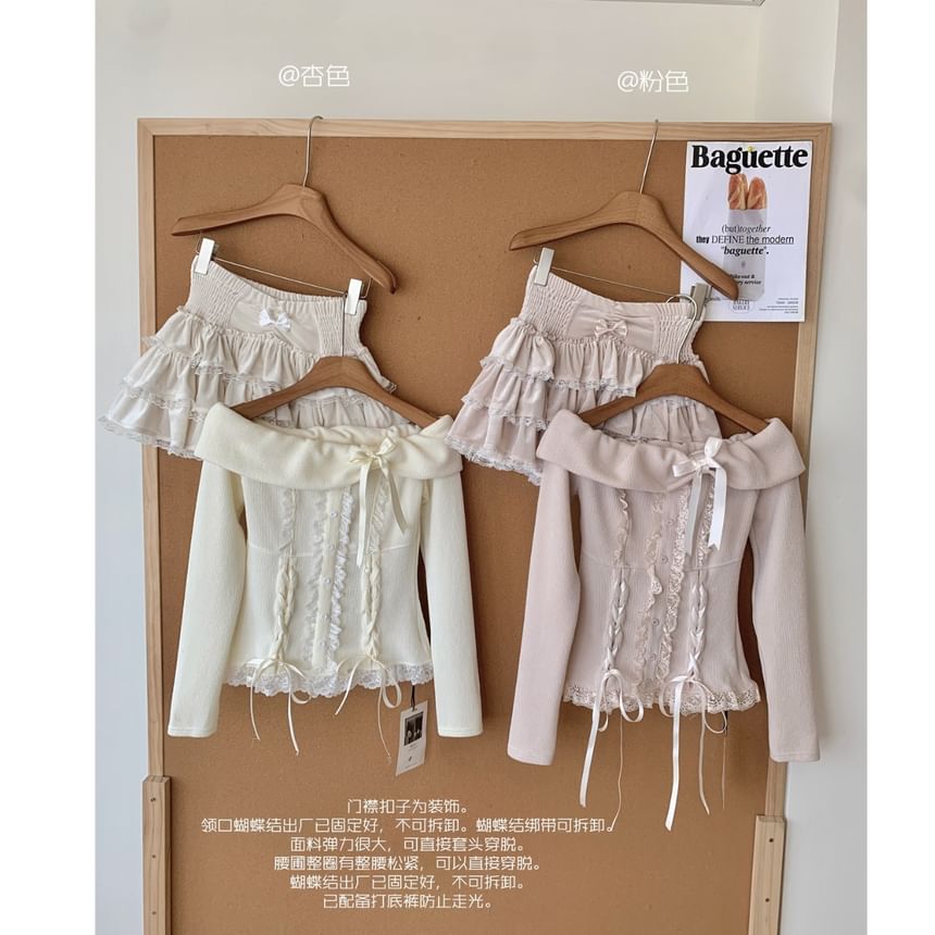 Dute - Set: Lange mouwen off-shoulder effen strik ruches vetertop + hoge taille gelaagde mini A-lijn rok