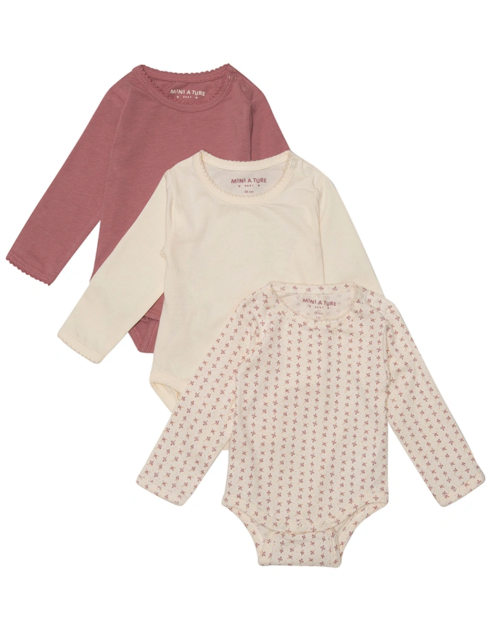 Langarmbody GIRL – MATYOMI 3er-Pack in creme/beere