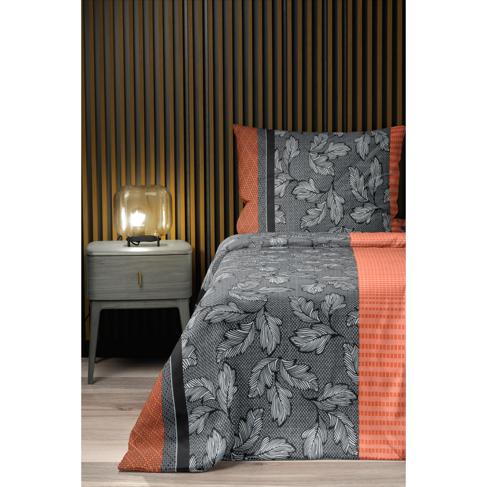 Bettwäsche Satin Blätter und Streifen grau-orange 160x210 65x100 Bettanzug Nord