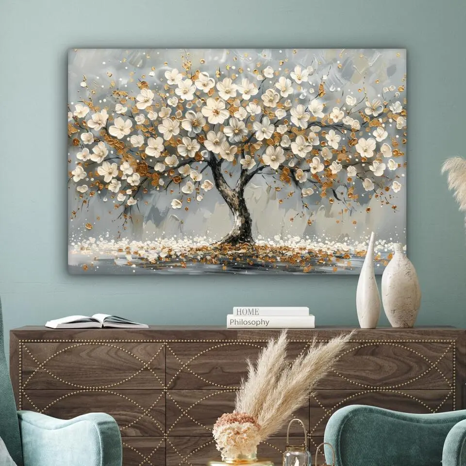 MuchoWow Canvas Schilderij 120x80cm Boom Bloemen Wit Natuur