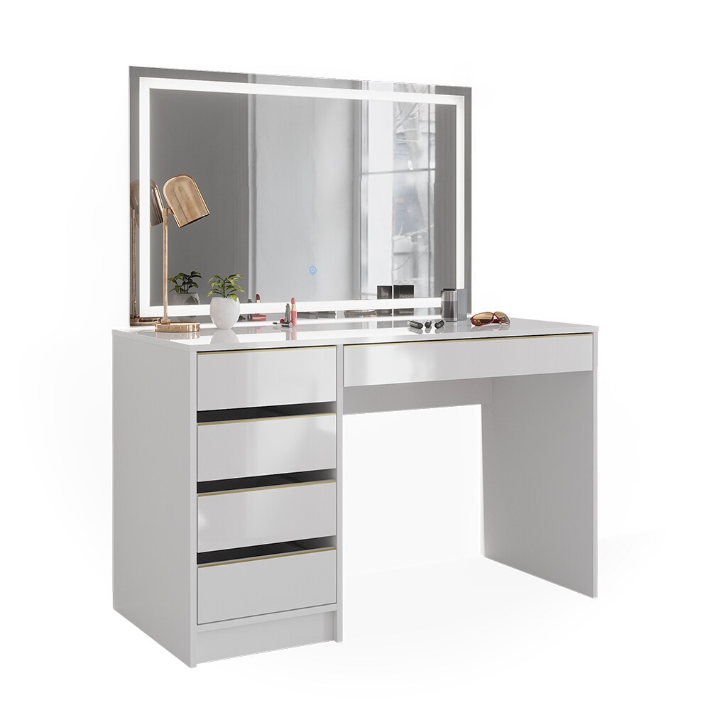 Vicco Schminktisch Sherry Weiß Hochglanz Gold 120 x 75 cm 5 Schubladen LED-Spiegel