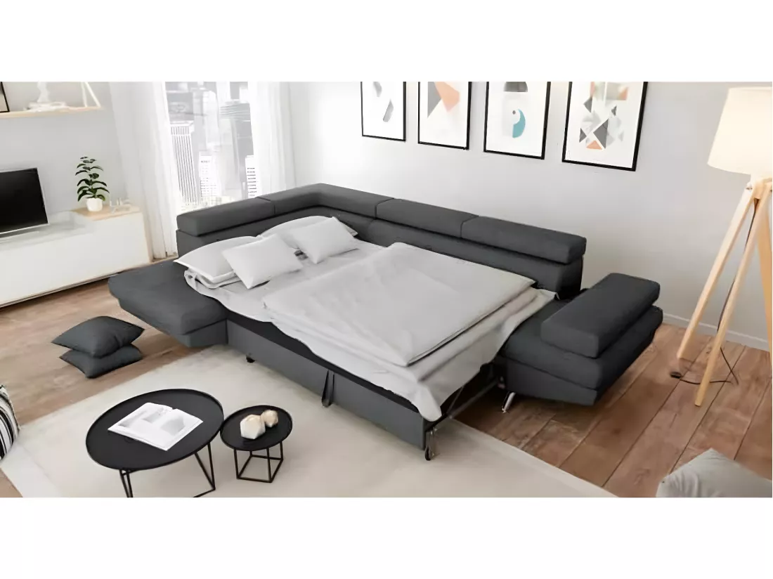 Canapé d'angle gauche 5 places Rio Convertible avec coffre en tissu - Gris anthracite - L271 x P192 x H70cm - Loungitude