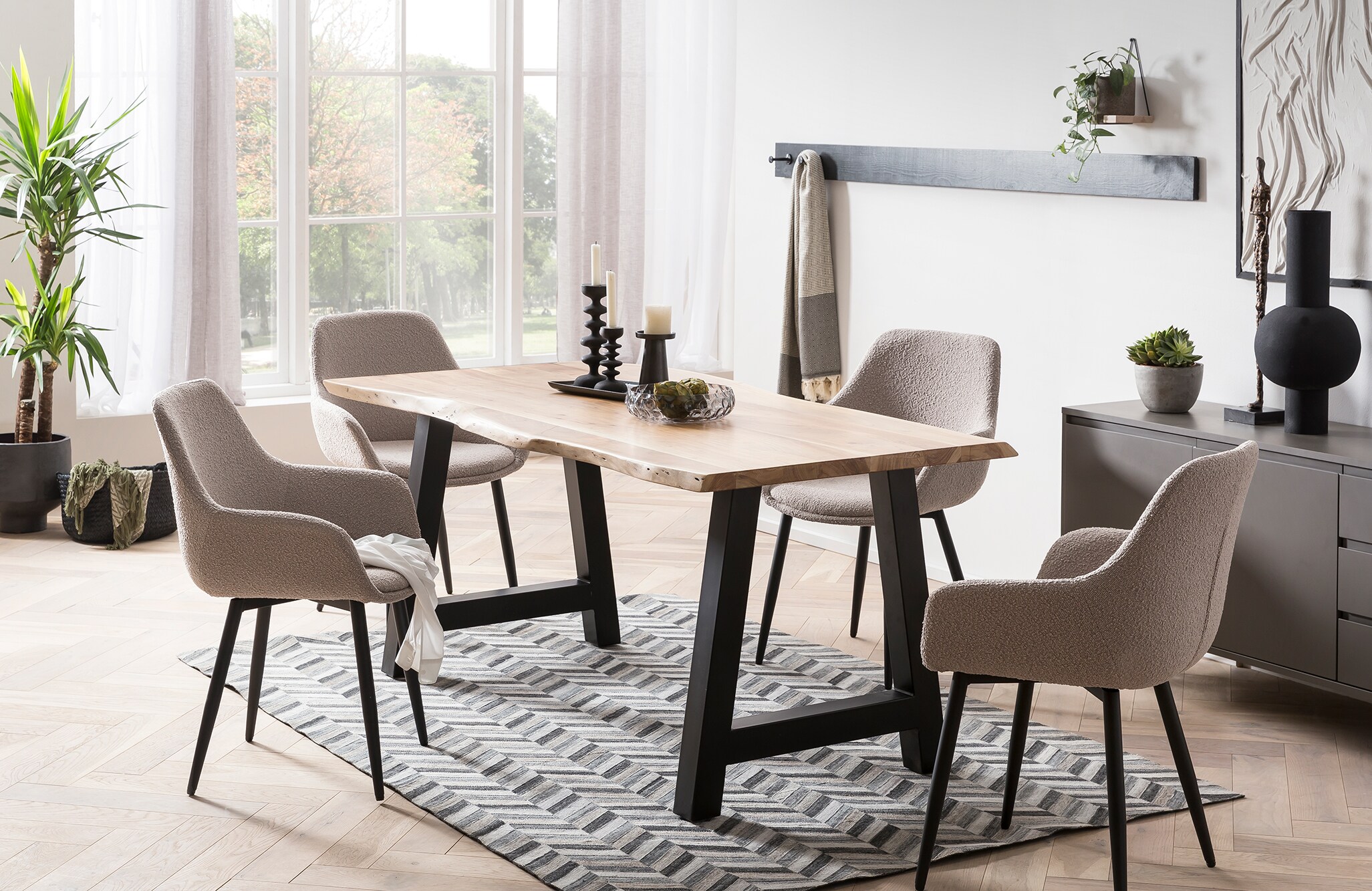 Armlehnstuhl Bouclé Stoff Taupe 2er Set Esszimmerstuhl Wohnzimmer Küche Stuhl
