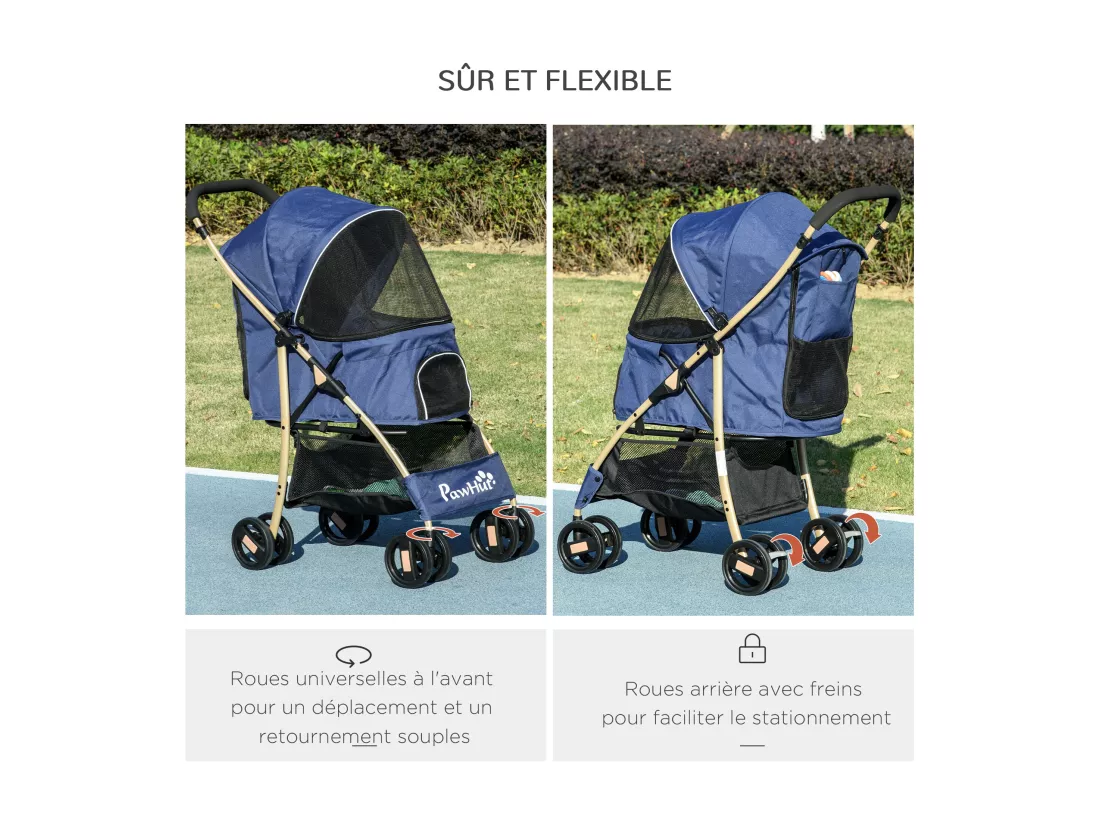 Poussette buggy pliable pour chien rangement laisses coussin inclus bleu