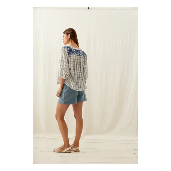 Louise Misha Blouse Jeannali Carreaux Coton Bio et Lin - Collection Femme | Bleu