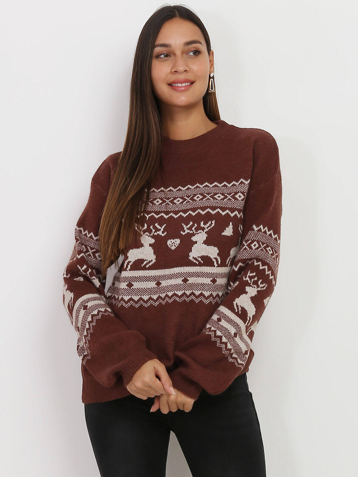 Pull jacquard de Noël- Marron