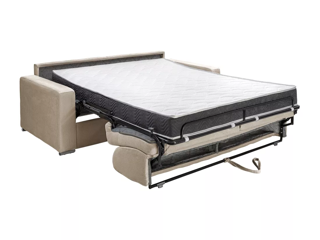 Canapé 3 places convertible express en velours beige - Matelas 18 cm avec mémoire de forme CALITO - Couchage lattes larges 140 cm