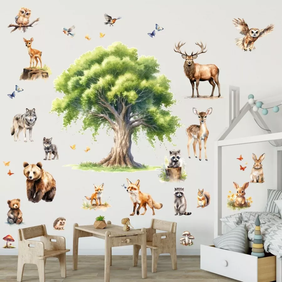 Nikima Wandtattoo 247 Wandtattoo Waldtiere Aquarell Baum Kinderzimmer Wanddeko bunt