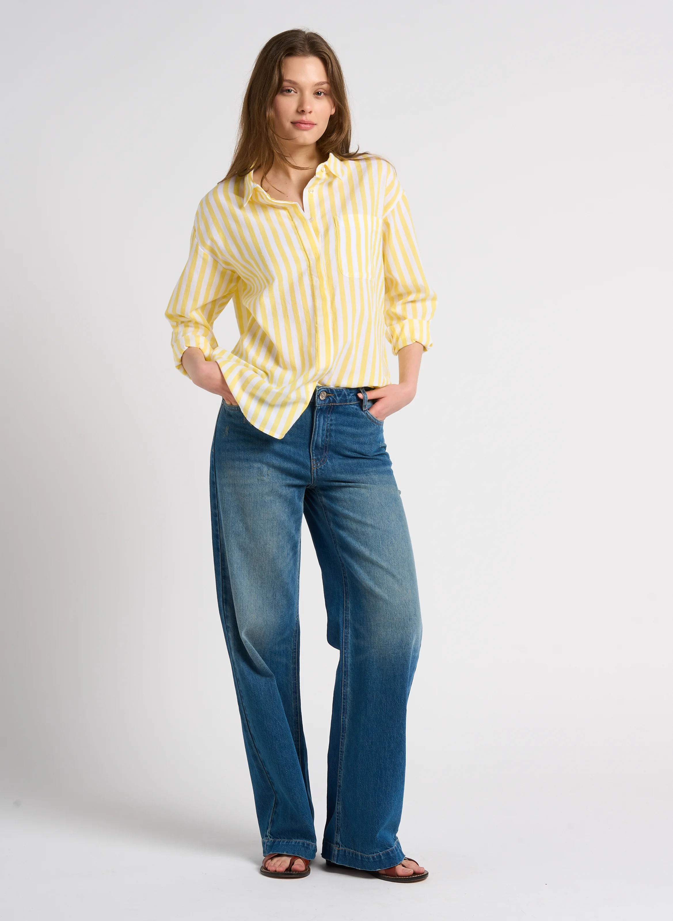 SANDY - Jean taille basse délavée en coton | Bleu