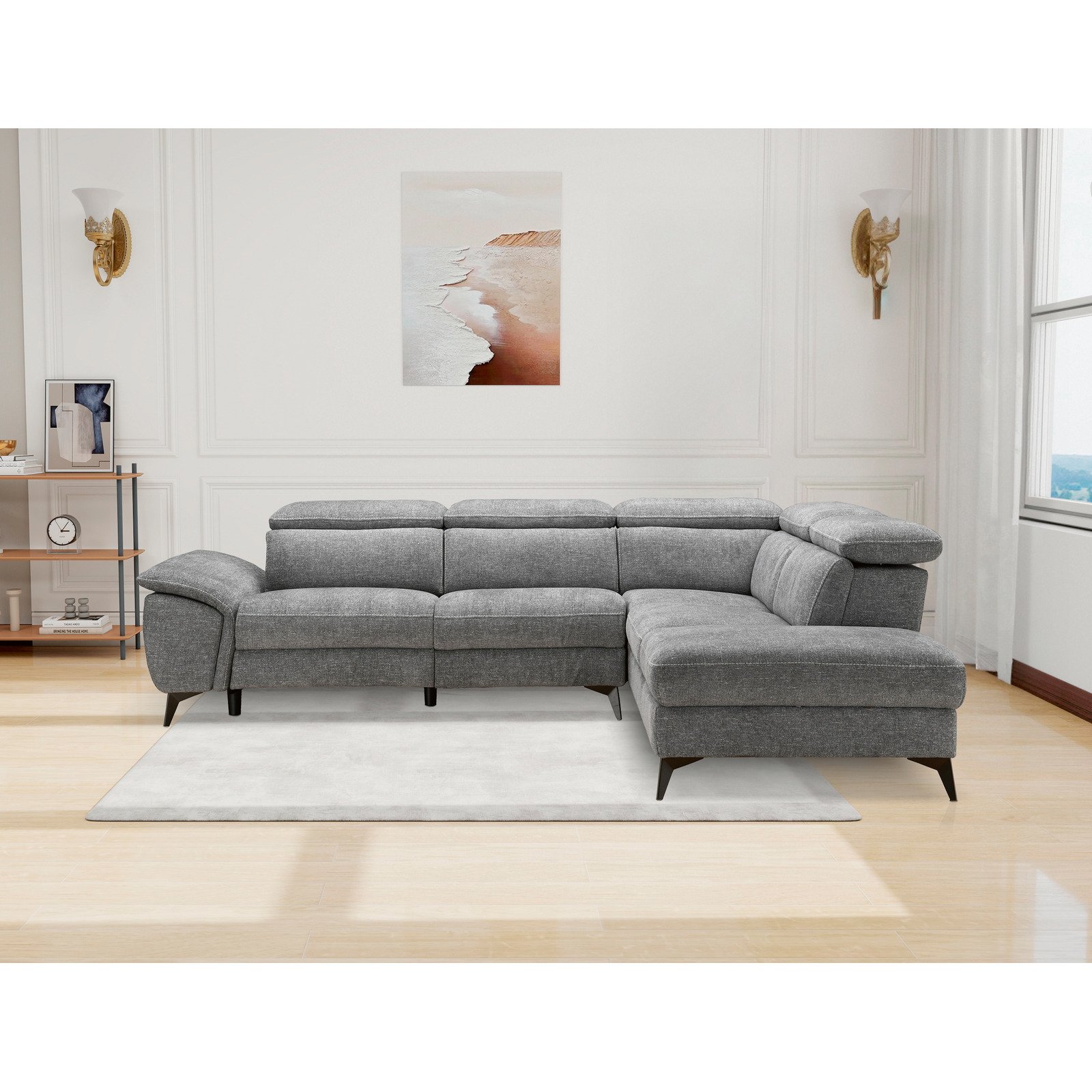 Ecksofa Kiani, Stoff grau, Ottomane rechts