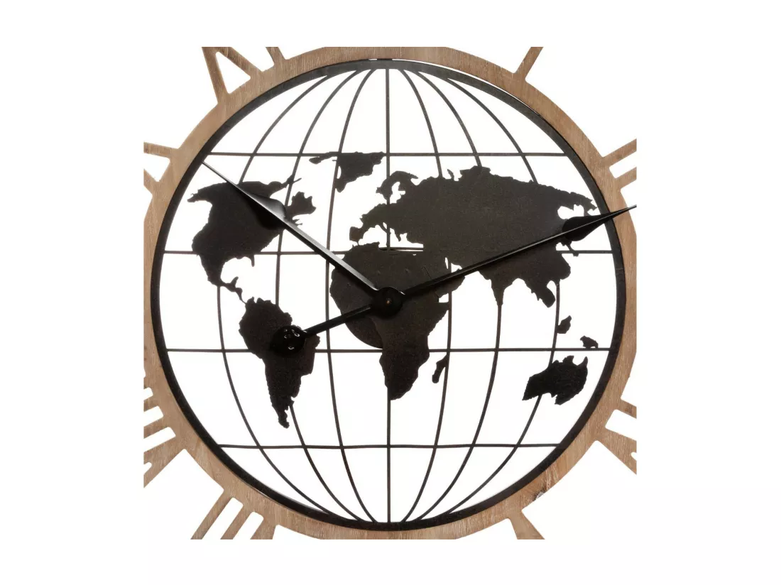 Grande Pendule murale silencieuse en métal décor Map Monde D 67 cm