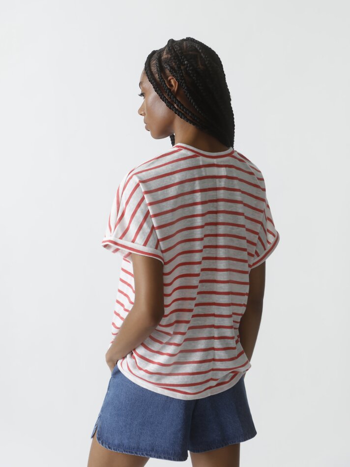 Camiseta listrada estampada - Branca/vermelha