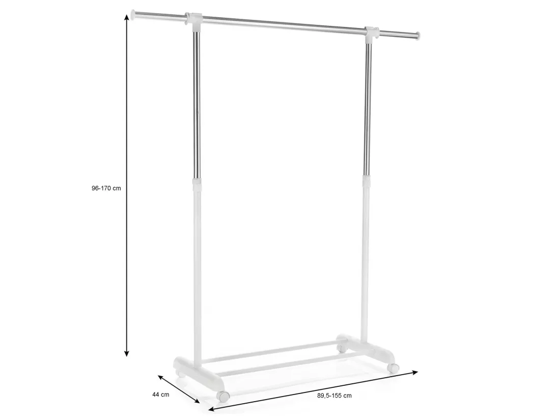 Portant à vêtements SALA en métal chromé et blanc, penderie simple sur roulettes avec 1 barre extensible hauteur réglable