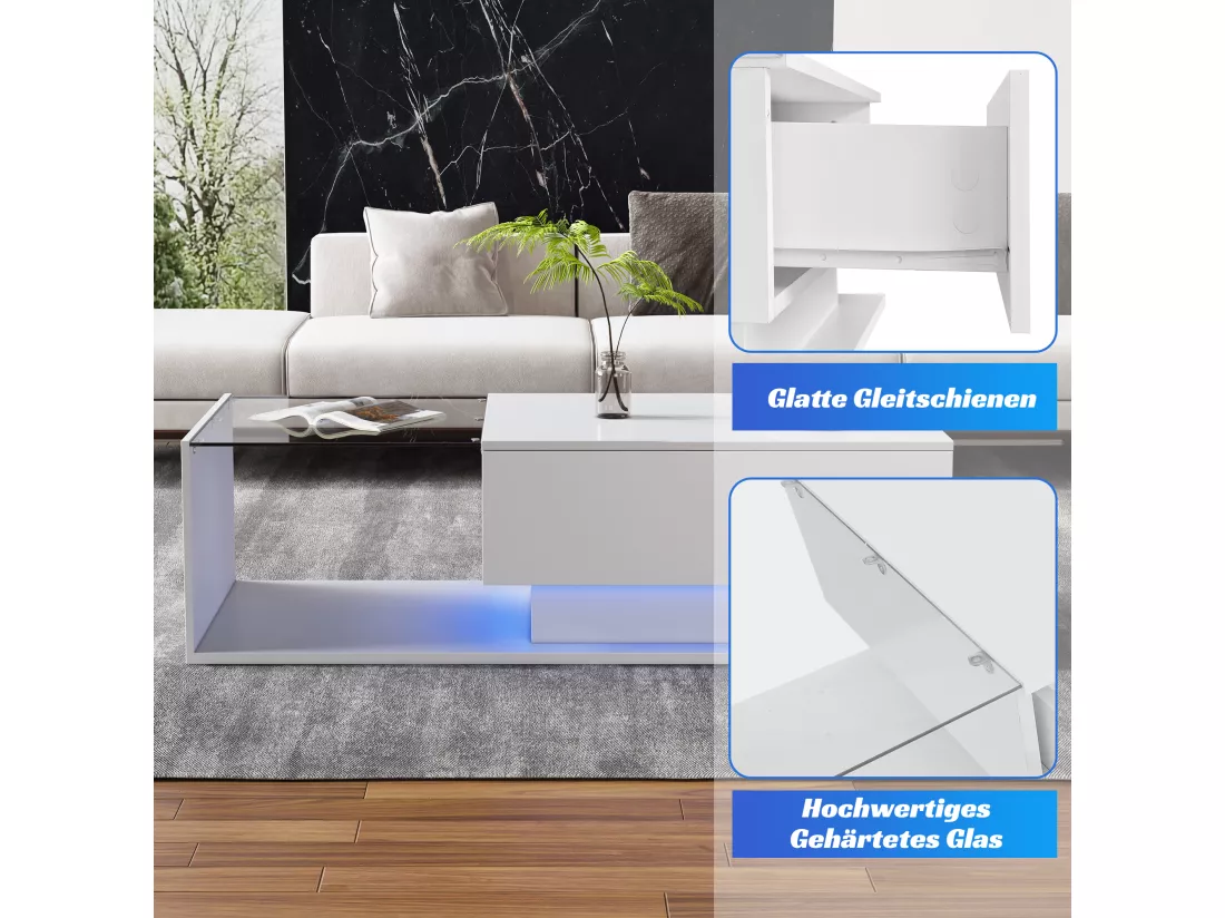 Table basse avec grand tiroir - 100x50x32 cm - LEDs - plateau en verre - Panneaux de particules - Blanc brillant