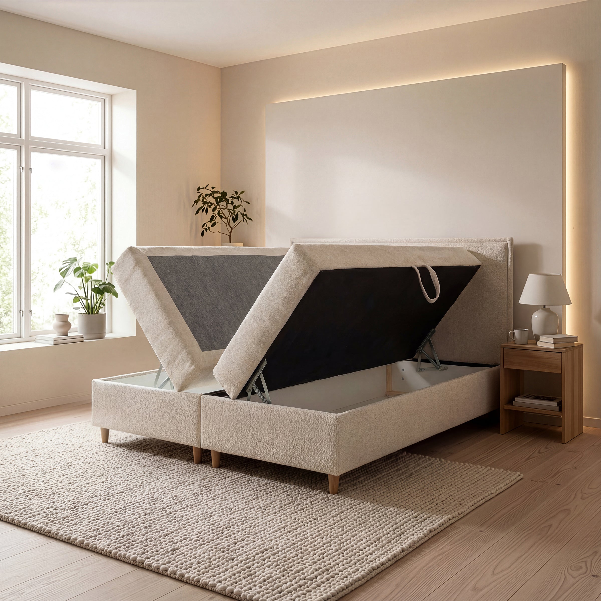 Saku - Boxspring met opbergruimte - Stof beige - 160x200 cm