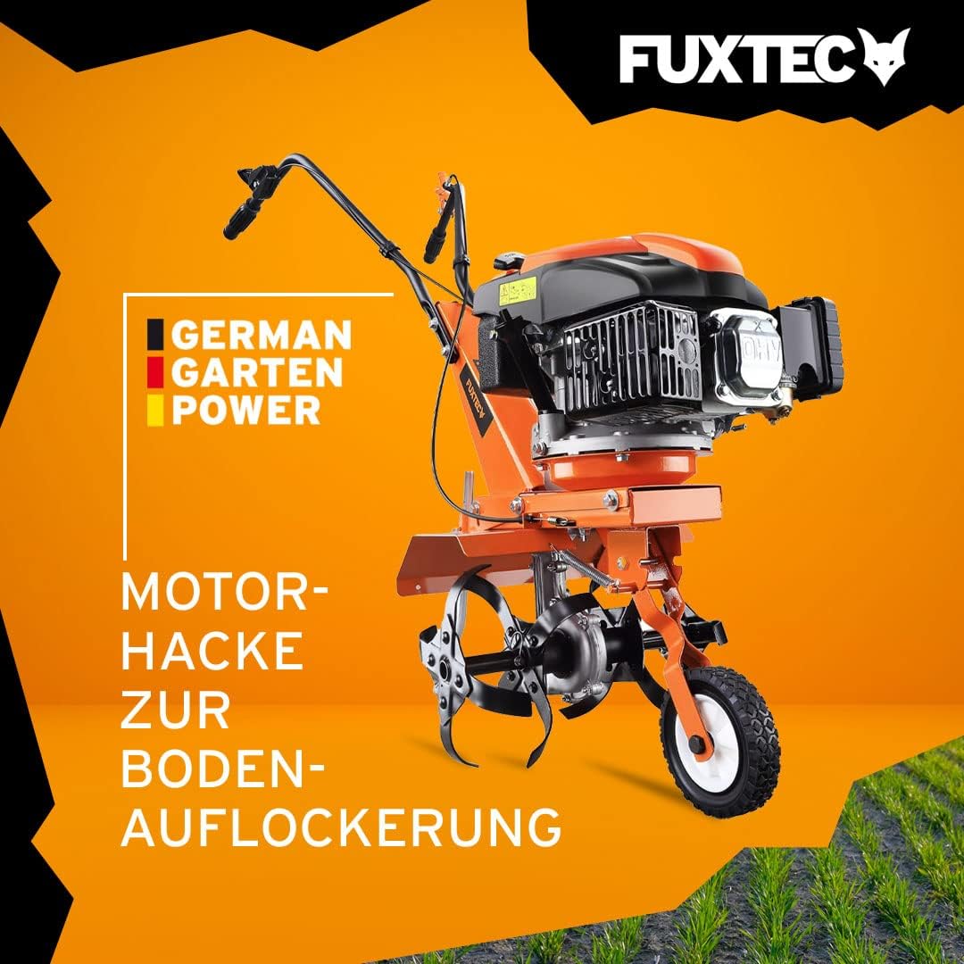 FUXTEC Motorhacke FX-AF1139, Gartenfräse für kleine bis mittelgroße Flächen, benzinbetriebene Bodenhacke, 16 robuste Messer, 4-Takt-Motor, Arbeitsbreite 36 cm, 3000 U/min