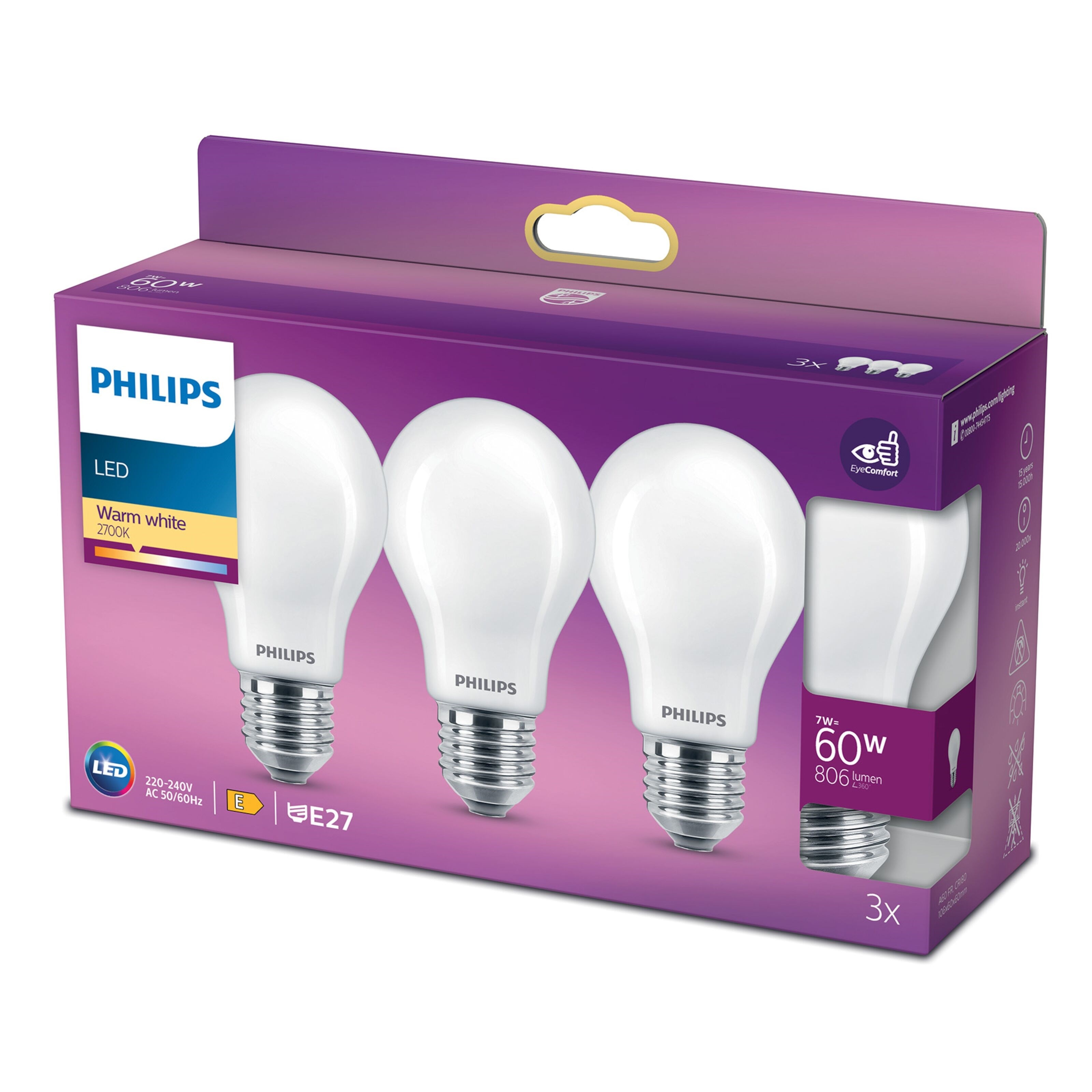 Philips LED-pære E27 806 lm 3-pk.
