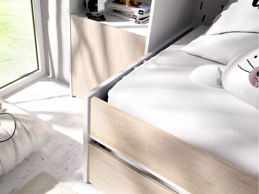 Lit gigogne avec pont de lit SELENA - 90 x 190 cm - Coloris : chêne et blanc + matelas