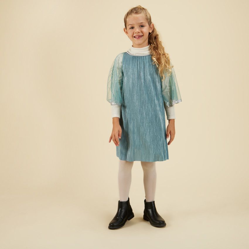 Robe plissée avec cape en tulle pour fille - Kaki