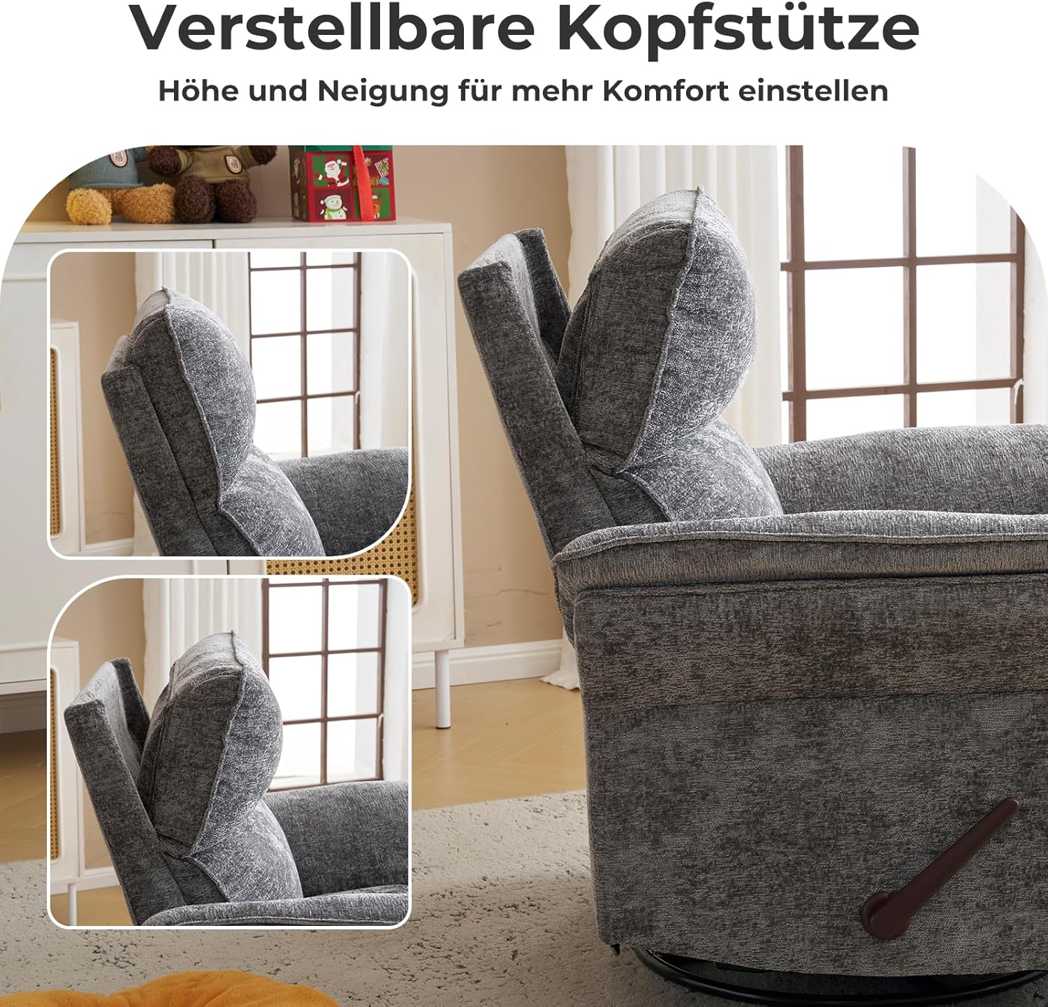 Fernsehsessel Relaxsessel mit Liegefunktion,360°Drehbarer TV Sessel Wohnzimmer, Schaukelstuhl mit Verstellbarer Kopfstütze,Dicke Rückenlehne und Armlehne,Seitentaschen,grau