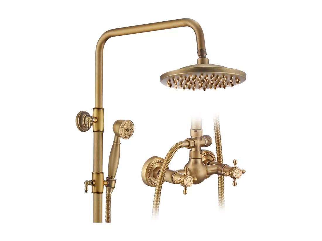 Colonne de Douche Mécanique Ensemble de Douche à Double Poignée Rétro Système de Douche Réglable Kit de Douche en Laiton Antique Finition Bronze