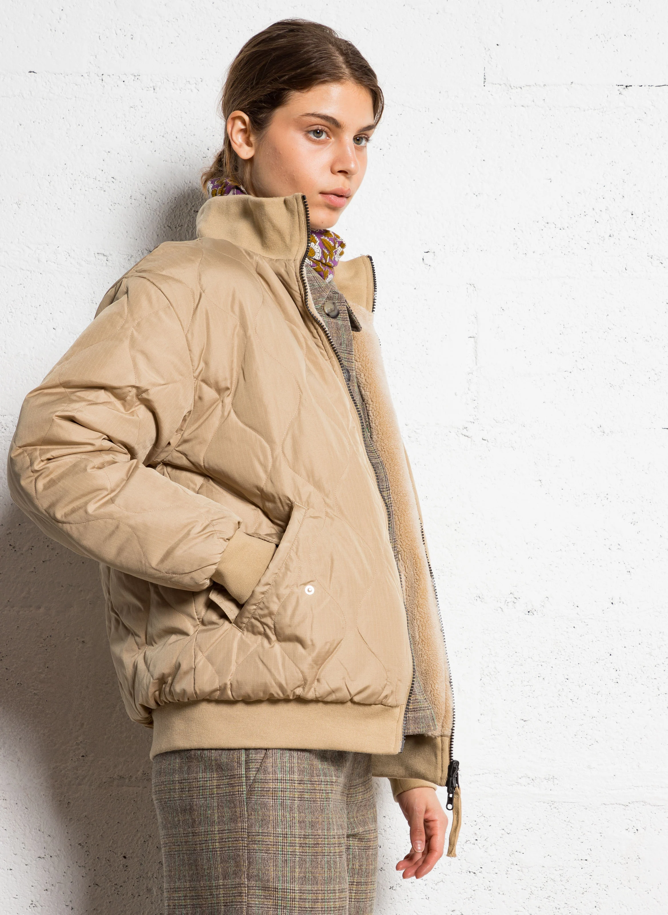 Veste droite réversible col montant | Beige