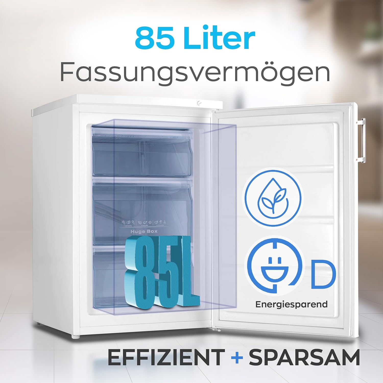 Heinrich´s Gefrierschrank, Mini, Temperatur:-18°C~-38°C, Freezer, 3x Gefrierschublade, Stufenloser Temperaturregler,Airflow, wechselbarer Türanschlag, 85 Liter Nutzinhalt, weiß