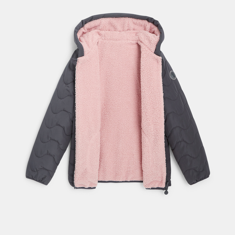 Blouson matelassé et moumoute réversible gris fille
