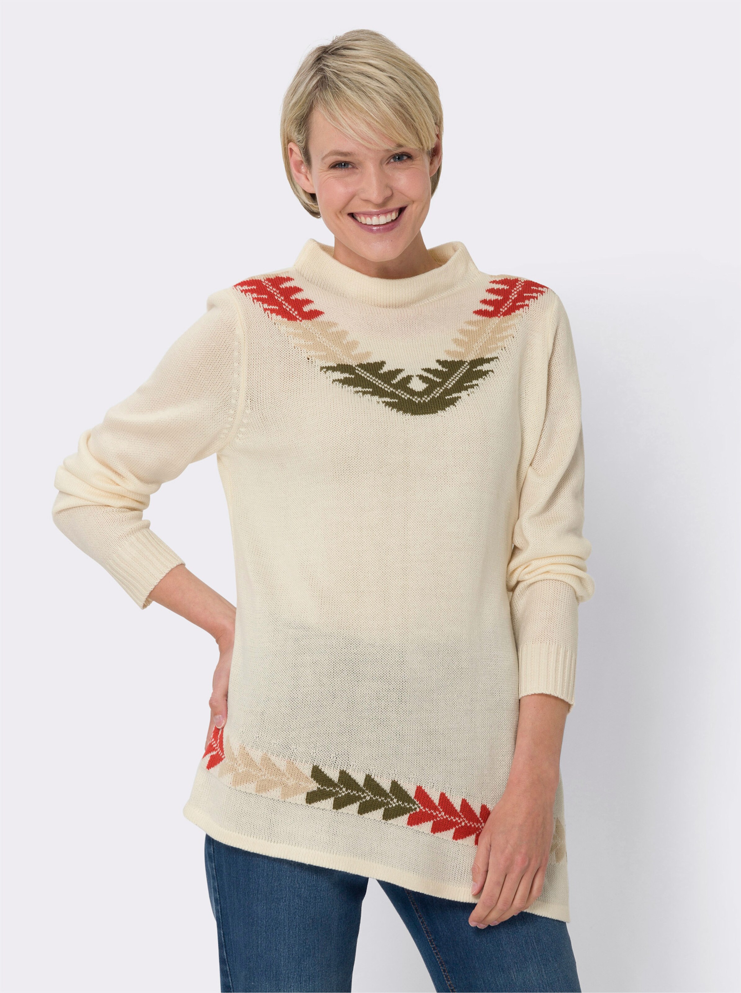 Stehkragenpullover mit asymmetrischem Saum