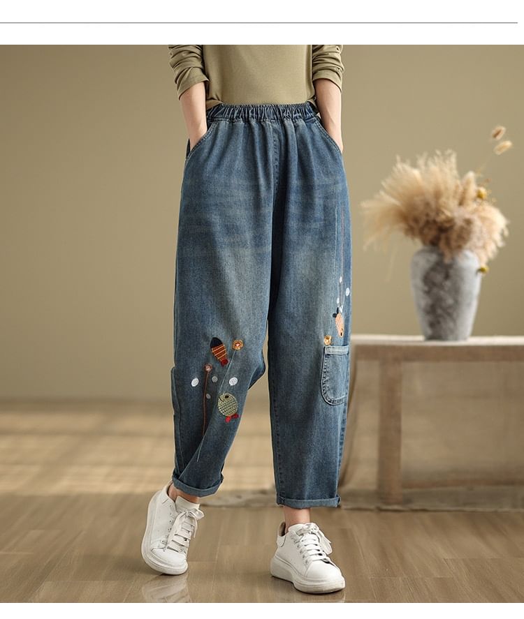 Lewwe - Elastische taille met visborduursel en gewassen cropped baggy jeans