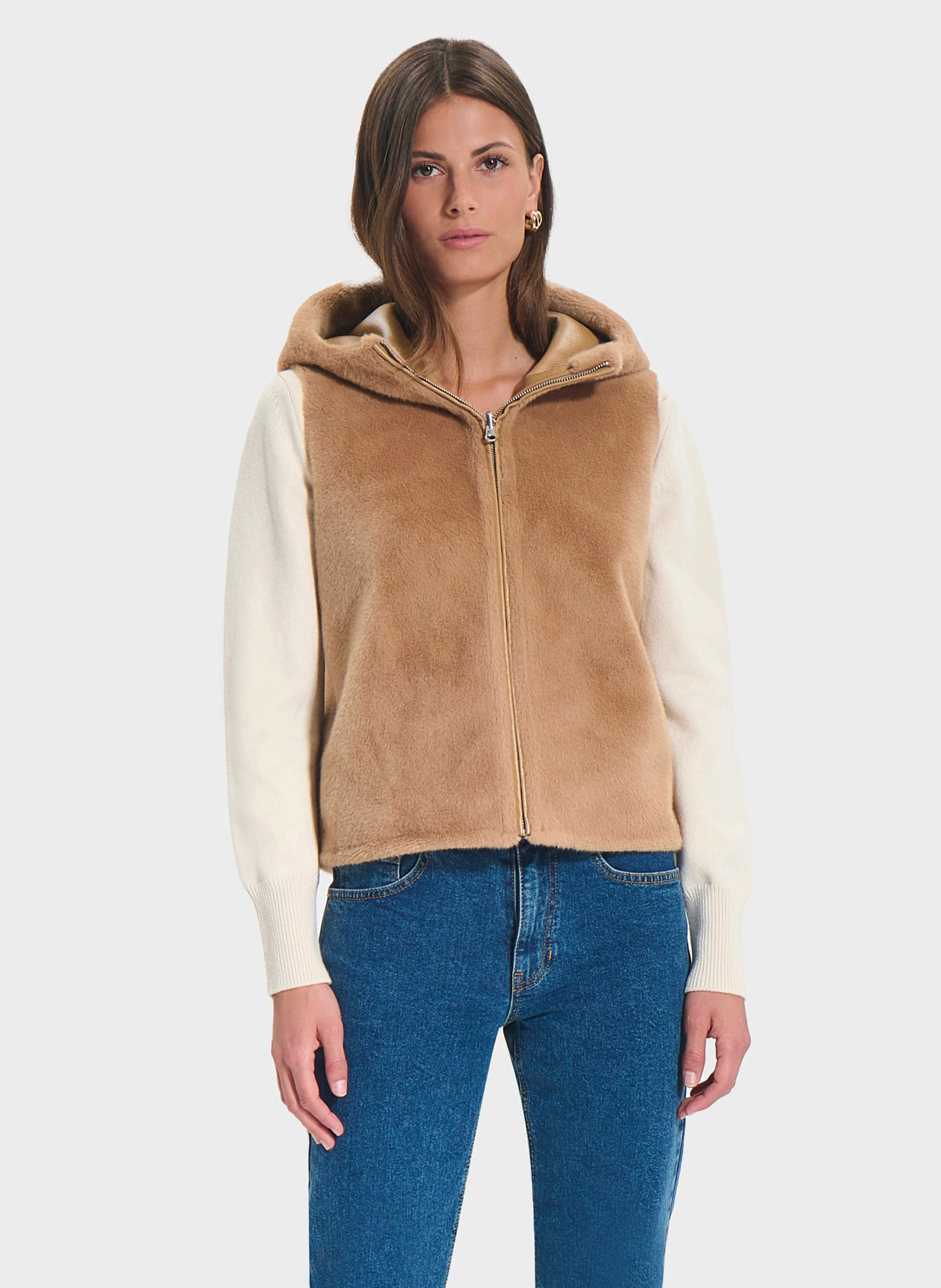 GENTA - Gilet zippé droit en fausse fourrure | Beige