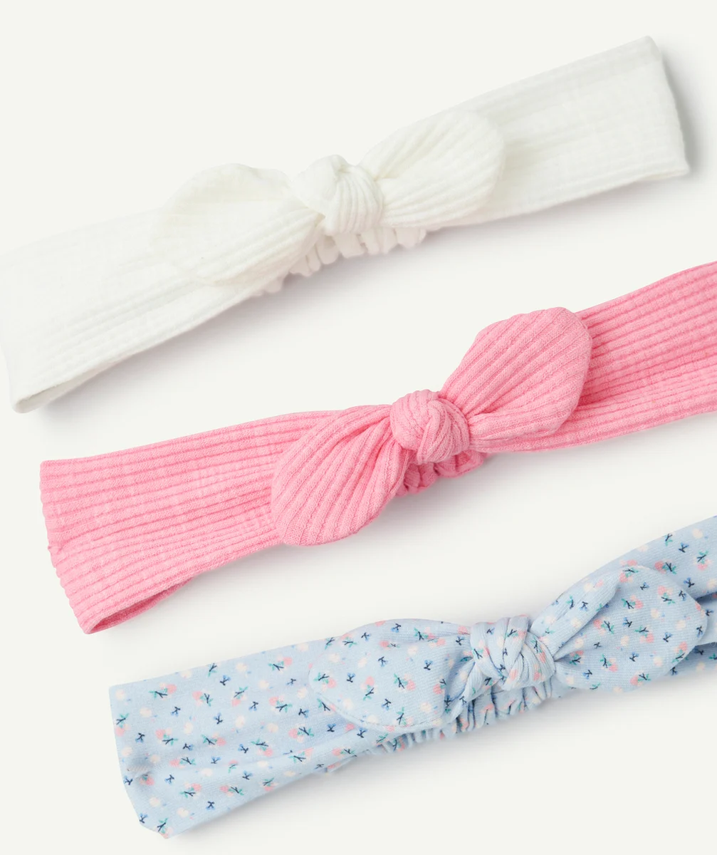 LOT DE 3 BANDEAUX BÉBÉ FILLE BLANC ROSE ET BLEU AVEC NOEUDS