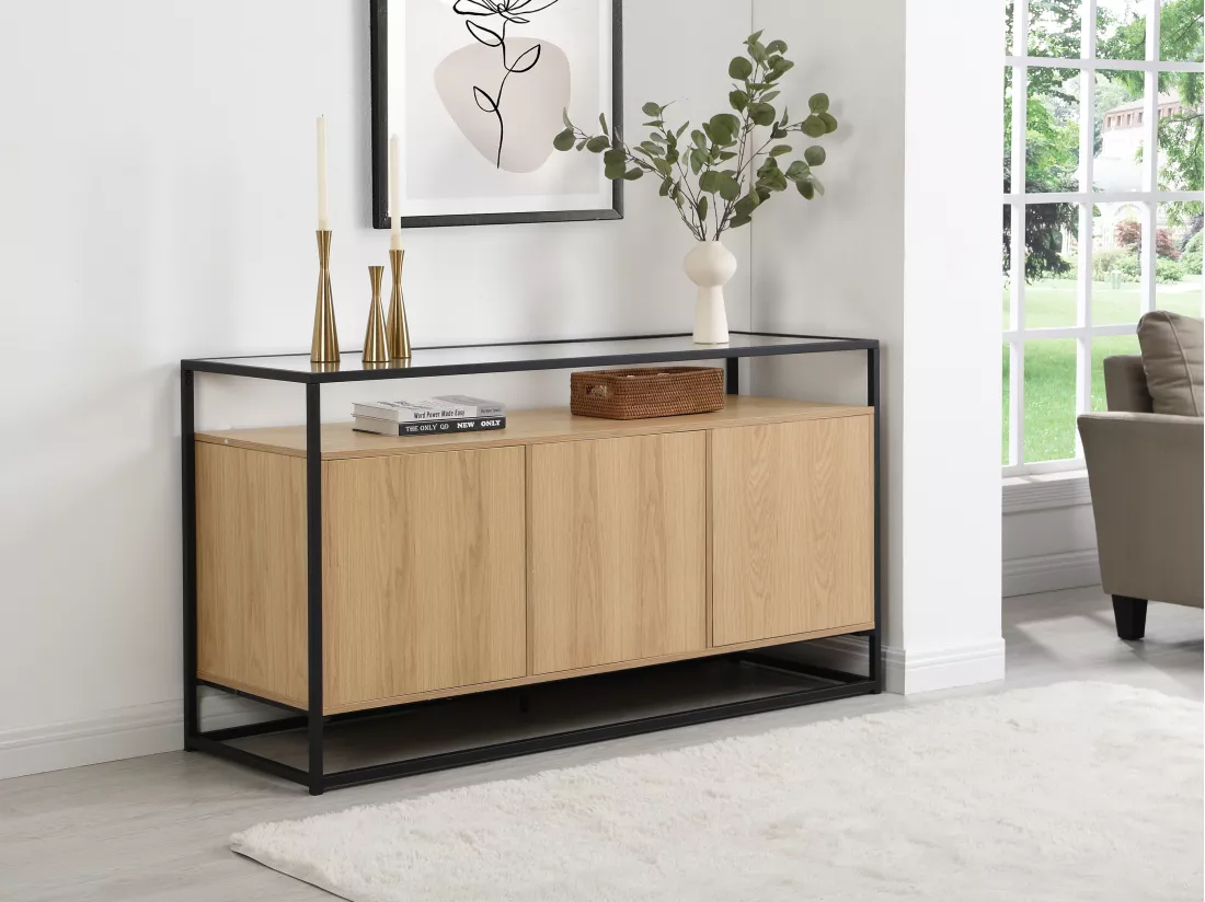 Buffet avec 3 portes en MDF, verre trempé et métal - Naturel clair - CAMATA