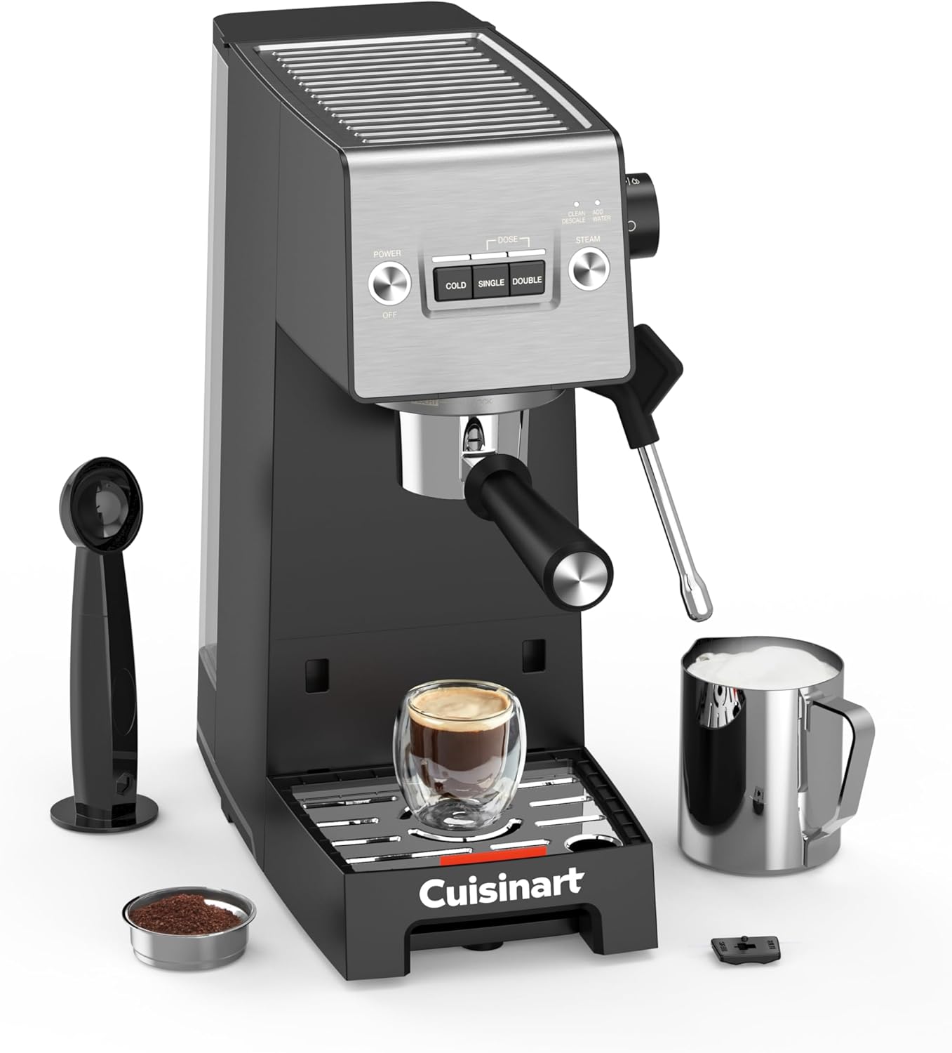 Cuisinart Slim Kaffeemaschine | Espresso, Americano, Cold Brew | Integrierter Milchaufschäumer | 15 Bar | Siebträger ohne Boden | kompakt | Reisebecher | 1,5L Tank, Edelstahl Slim