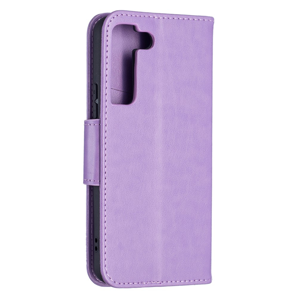 Samsung Galaxy S22 5G Leder Tasche mit Kartenfach   Handschlaufe Schmetterling - Lila